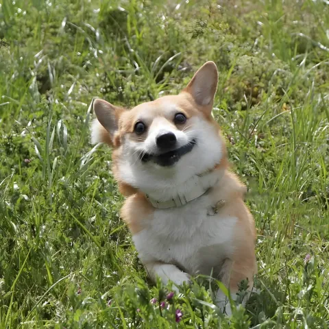 น้องคอร์กี้ยิ้มกว้างนั่งอยู่ในทุ่งหญ้า | A grinning corgi sitting in the grass